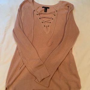 pink lace up over sized sweater